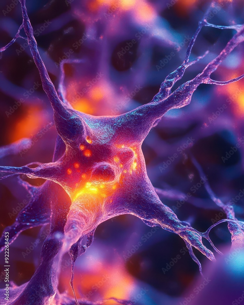 Poster 3d close-up of neuron cells in the brain, intricate network structure with vibrant colors for highli