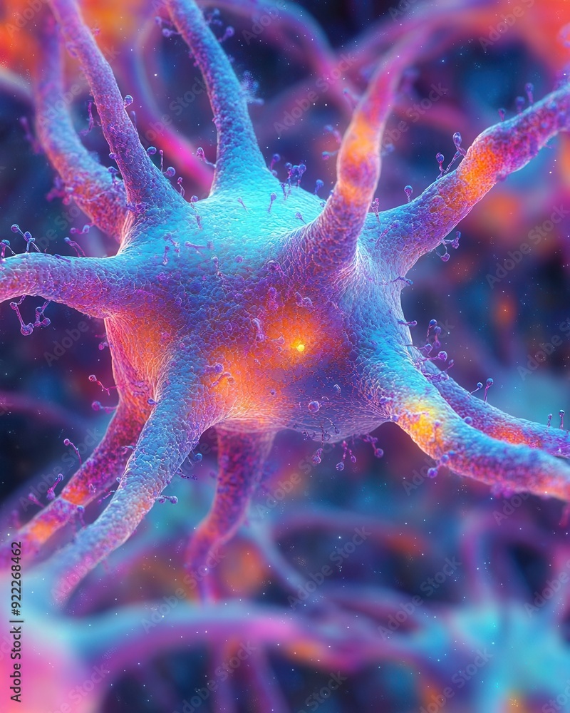 Poster 3d close-up of neuron cells in the brain, intricate network structure with vibrant colors for emphas