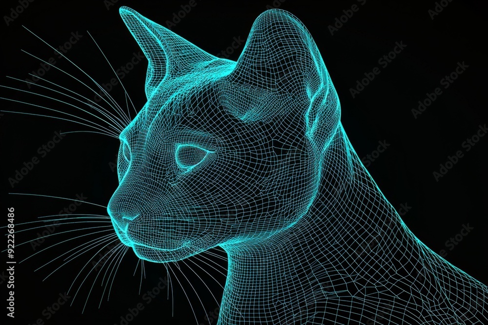 Poster brain network of a blue feline with big data and stock circuit board, illustrating concepts of a dig