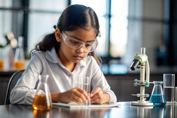 "Indian Girl Concentrating on Science Project" - An Indian girl deeply engaged in a science project, demonstrating focus and interest.
