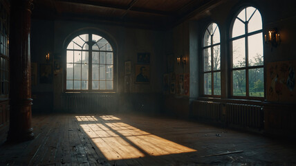 Fototapeta premium Sunlight streaming through large windows in an empty room with wooden floors