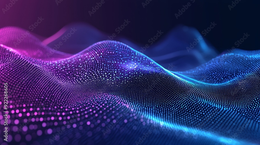 Poster the background is an abstract digital data wave with moving dots. the sound is a stream of musical n
