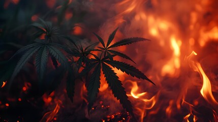 Marijuana leaves on a fire background, close up top view on cannabis leaves and branches on fire background for alternative medical and marketing design concept