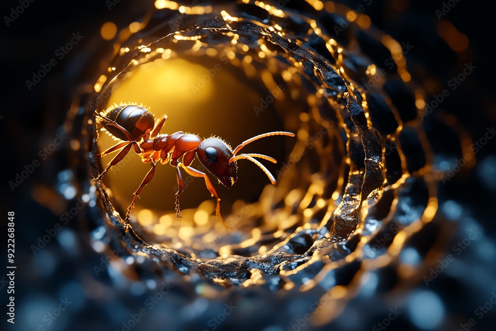 Poster Close-up of a red ant exploring a tunnel made of intricate wire, illuminated by warm glowing lights in the background.