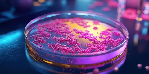 3D close-up of bacteria in a petri dish, with lab environment in the background, realistic textures and vibrant colors to highlight bacteria