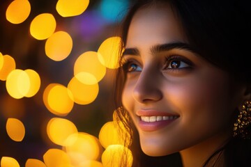 Fototapeta premium Close-up of Woman with Bright Bokeh Lights
