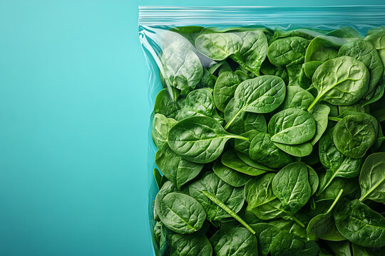 A bag of mineral-rich spinach leaves, set against a pastel blue background,