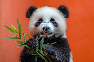 Fototapeta premium A bewildered panda, holding a bamboo stalk, as it sees another stalk glowing in the air, set against a pastel coral background,