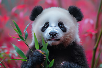 Fototapeta premium A bewildered panda, holding a bamboo stalk, as it sees another stalk glowing in the air, set against a pastel coral background,