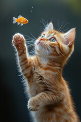 A curious cat, with its paw raised, looking at a floating fish, isolated on a pastel yellow background,