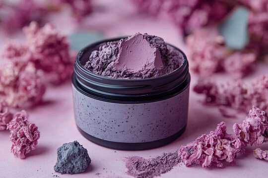A jar of mineral-rich clay mask, set against a pastel lavender background, - Powered by Adobe