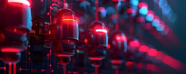 Futuristic Robots in a Red and Blue Neon Landscape