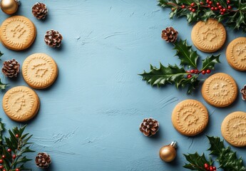 A flat lay with a few scattered holiday cookies and a sprig of holly, with a big open area in the center for text or objects