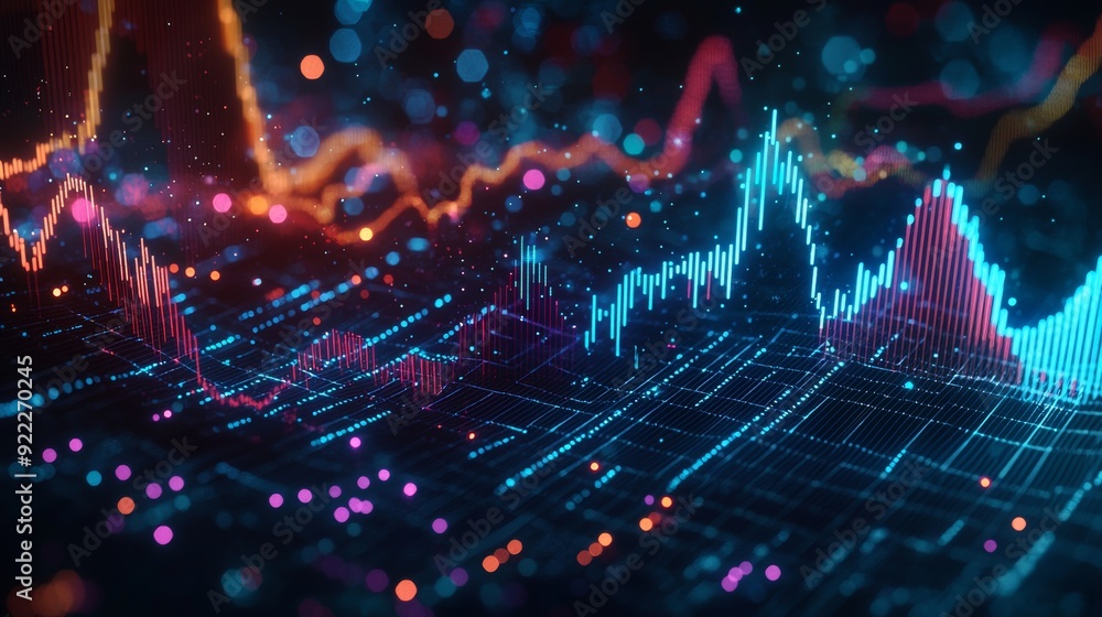 Poster abstract digital landscape with multicolor glowing data. based on stock image