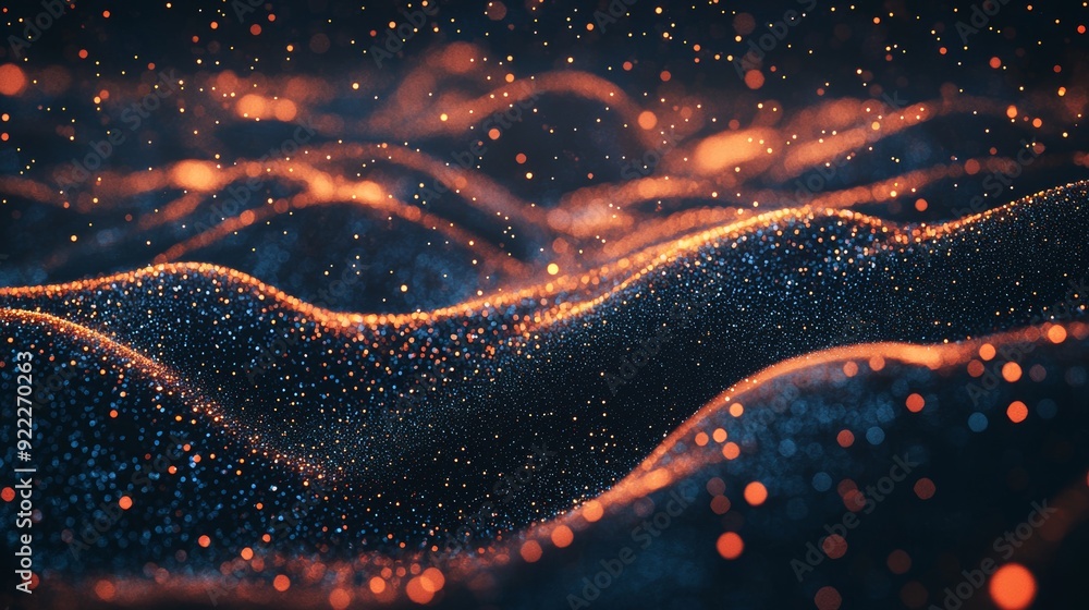 Fototapete on a dark background, abstract digital network waves and glowing blue and orange particles are refle