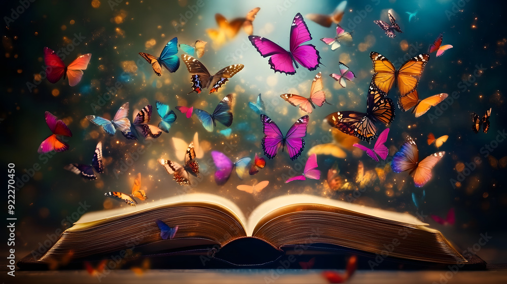 Aufkleber an open book with colorful butterflies emerging from its pages