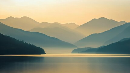 Fototapeta premium Misty mountains reflect in tranquil lake at sunrise