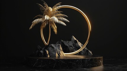 The mockup is depicted as an Egyptian mockup, with golden palm trees, black marble, dunes, and a desert.