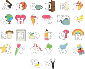 Alphabet for schoolchildren with illustrations for each letter without background.