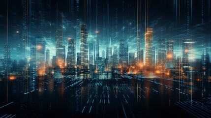 Fototapeta premium A futuristic cityscape with digital elements and glowing lights.