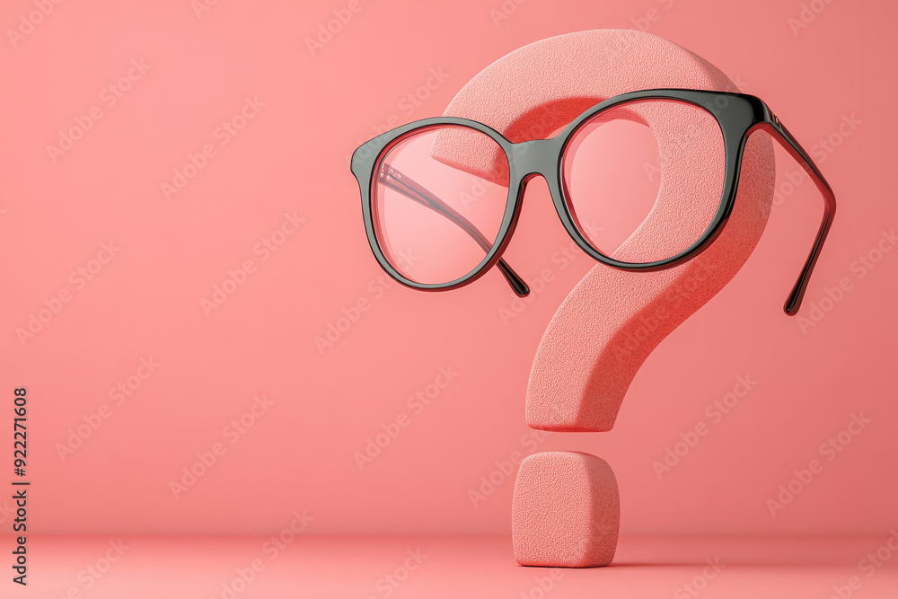 Poster a question mark with a pair of eyeglasses perched on it, symbolizing deep thinking, set against a pa