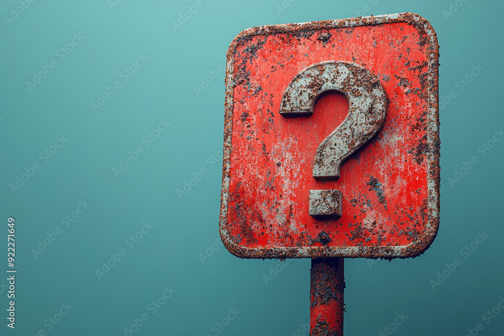 Poster a question mark with a road sign, representing decisions and directions, isolated on a pastel coral 