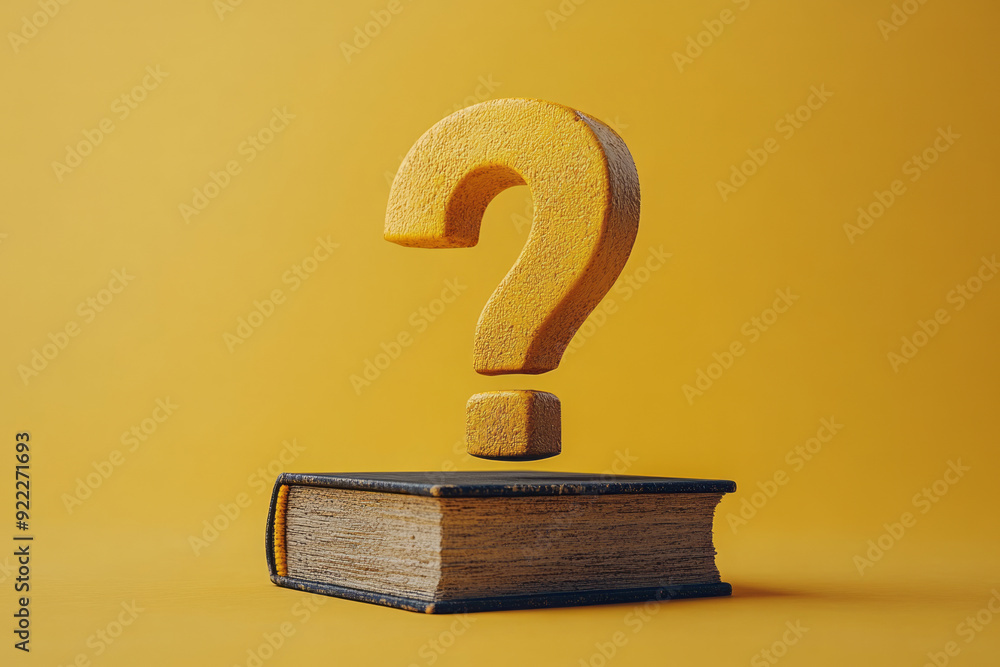 Poster A question mark with a small book underneath, symbolizing the search for knowledge, set against a pastel yellow background,