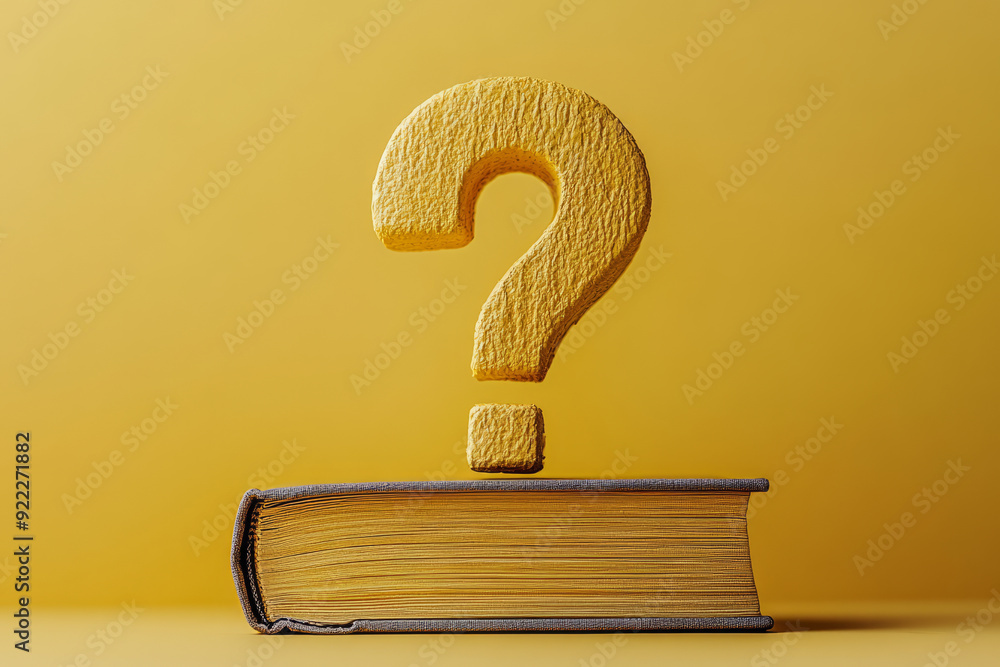 Poster a question mark with a small book underneath, symbolizing the search for knowledge, set against a pa