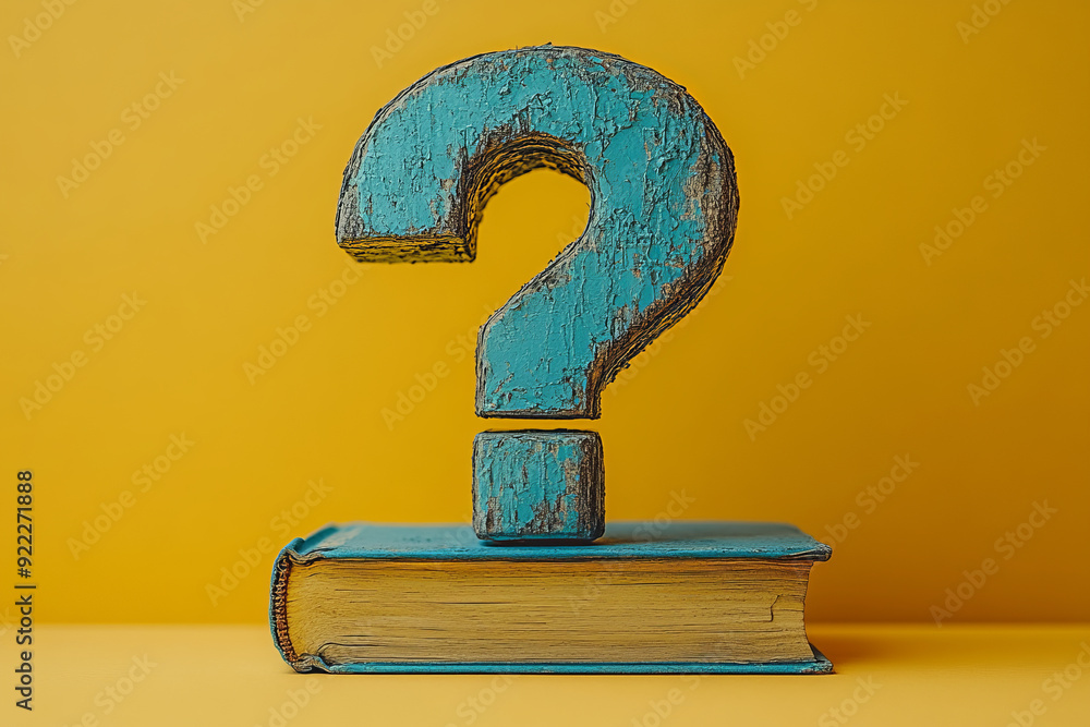 Aufkleber a question mark with a small book underneath, symbolizing the search for knowledge, set against a pa