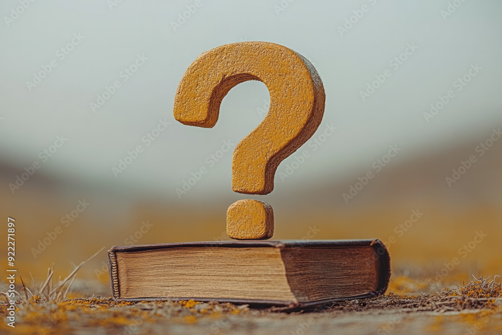 Aufkleber a question mark with a small book underneath, symbolizing the search for knowledge, set against a pa