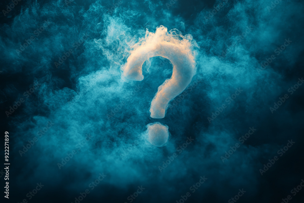 Poster A question mark with a light mist or fog around it, representing uncertainty, set against a pastel turquoise background,