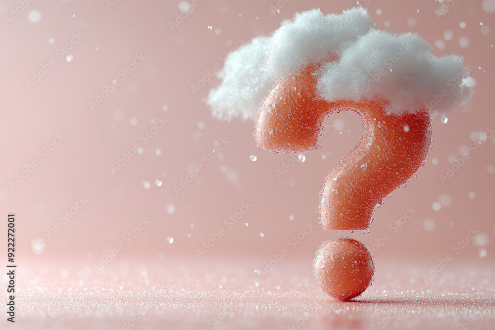 Poster A question mark with a light raincloud above, representing uncertainty or worry, isolated on a pastel peach background,