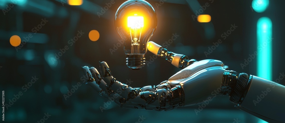 Poster ai, machine learning, abstract, hand of robotic holding glowing colorful brain circuit in light bulb