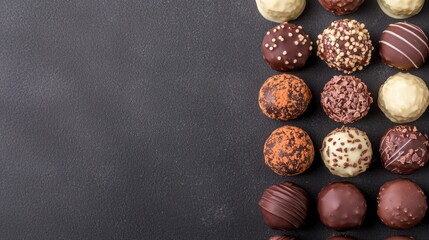 Obraz premium Rich dark chocolate truffles with a variety of toppings, close-up, gourmet and luxurious feel, [handcrafted dark chocolate], [artisanal delights]