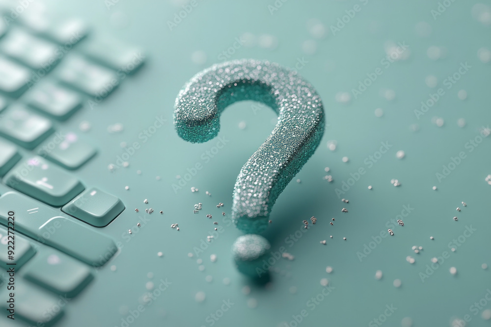 Poster A question mark with a computer cursor clicking on it, symbolizing a search for information online, set against a pastel mint green background,
