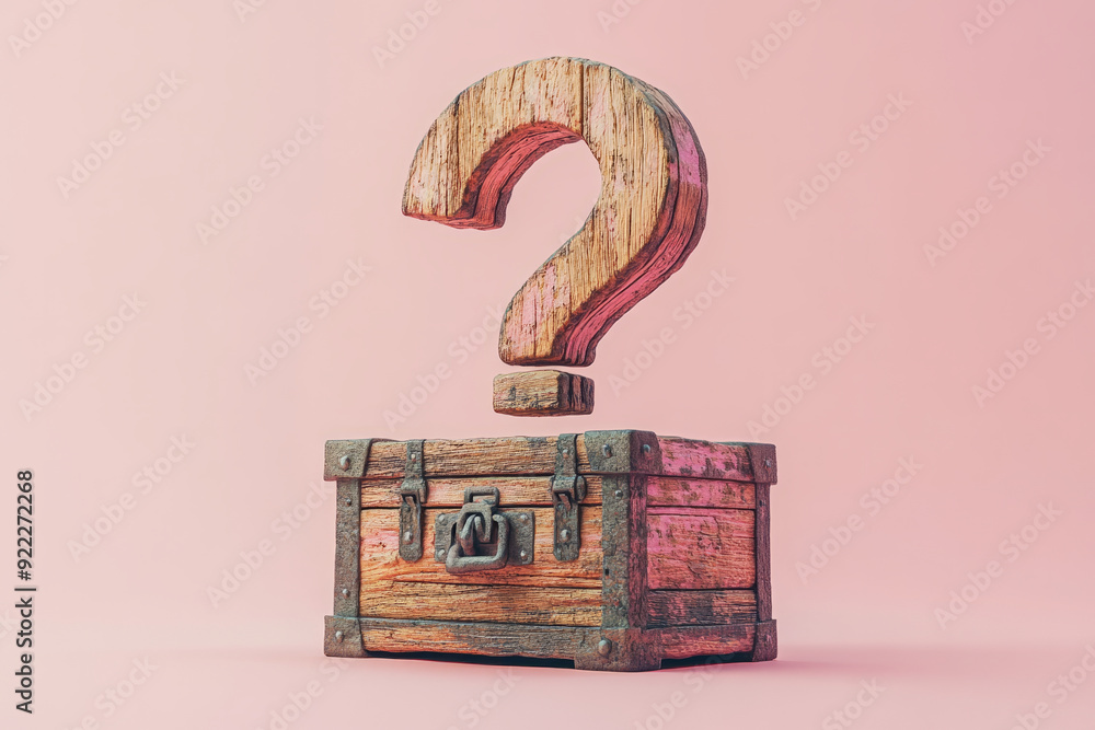 Poster a question mark with a small treasure chest, symbolizing curiosity about hidden truths, set against 