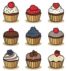 Cupcake Set, Ideal for Dessert and Bakery Themes - Flat Vector Illustration