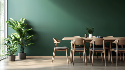 Obraz premium Wooden dining table and chairs against green wall. Scandinavian, mid-century home interior design of modern dining room