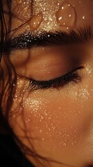 Woman face covered with water droplets and glitter