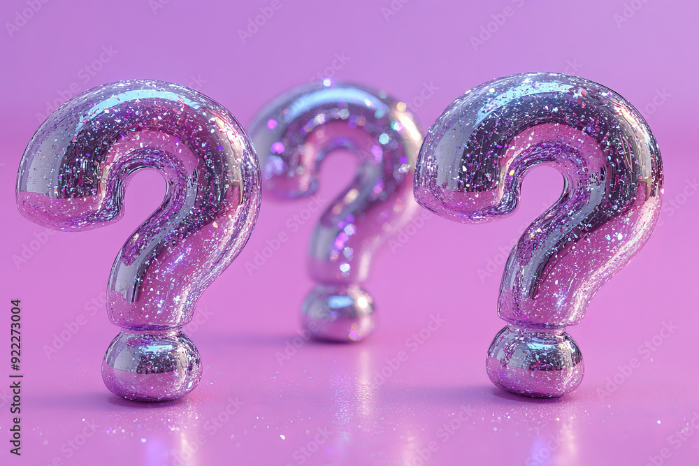 Poster a mix of dull question marks with one sparkling and silver, set against a pastel lavender background