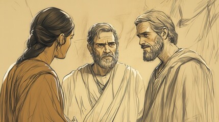 Biblical Illustration: Ziba, with a respectful expression, speaks to David about Mephibosheth's situation, while the court looks on curiously, set against a beige background for Bible wall art.
