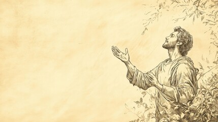 Fototapeta premium Biblical Illustration: David surrounded by nature, expressing gratitude for God saving him from his enemies, set against a beige background for Bible wall art.
