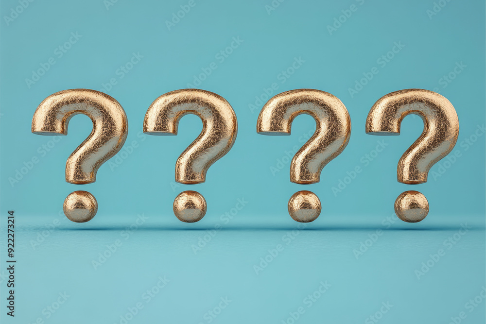 Poster a line of identical question marks, with one question mark in a metallic gold, isolated on a pastel 