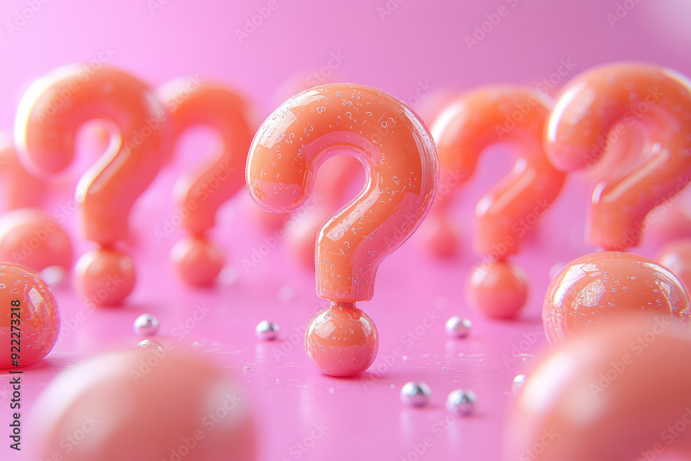 Aufkleber A pattern of muted question marks, with one question mark in bright orange, set against a pastel pink background,