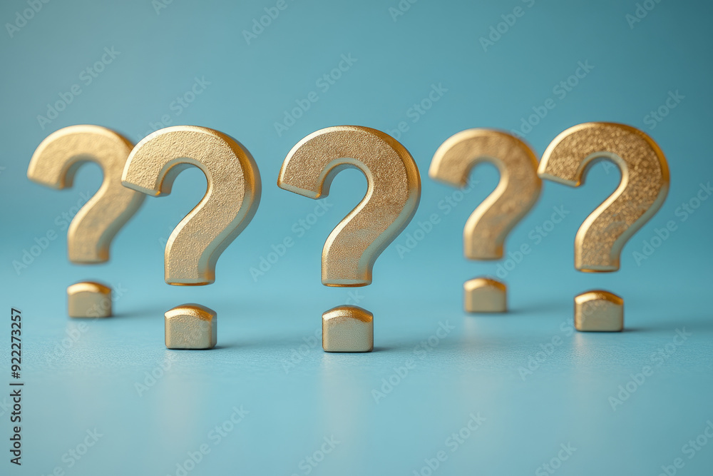 Poster a line of identical question marks, with one question mark in a metallic gold, isolated on a pastel 
