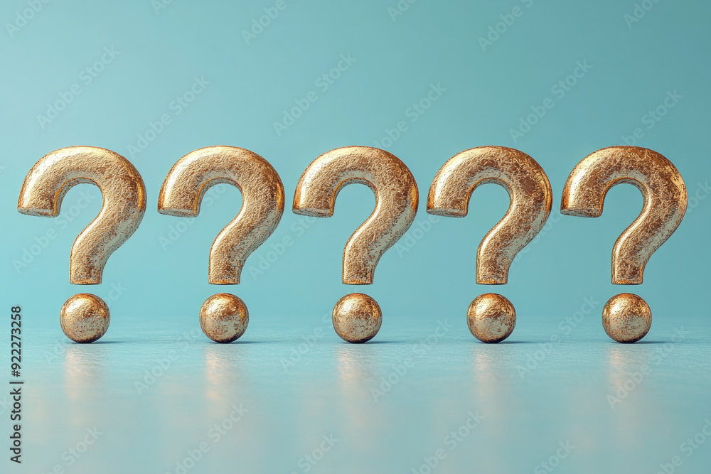Poster a line of identical question marks, with one question mark in a metallic gold, isolated on a pastel 