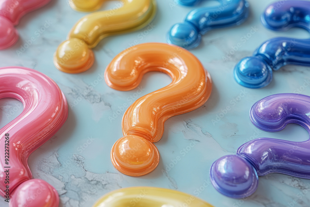 Poster a swirl of question marks in soft tones, with one question mark in a radiant rainbow gradient, set a