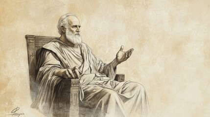 Fototapeta premium Biblical Illustration: An elderly King David sitting on his throne, speaking his final words to his gathered sons, set against a beige background for Bible wall art.
