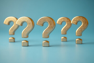 A line of identical question marks, with one question mark in a metallic gold, isolated on a pastel blue background,