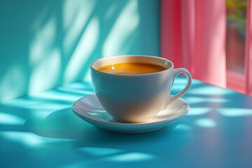 Fototapeta premium A cup of brewed coffee, which has been shown to protect the liver, set against a pastel mint background,